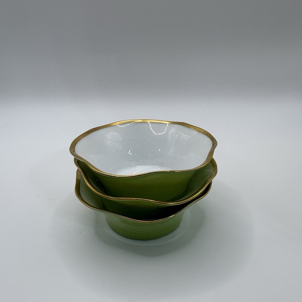 Vintage Pickard RS Germany Green Gold Scalloped Bowls Set of 3 3" 1930s